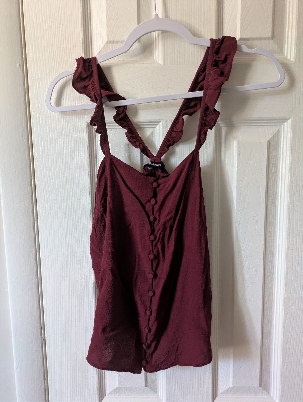 Madewell Ruffled Strap Button-Front Tank Top - Burgundy Wine Coquette Twee
